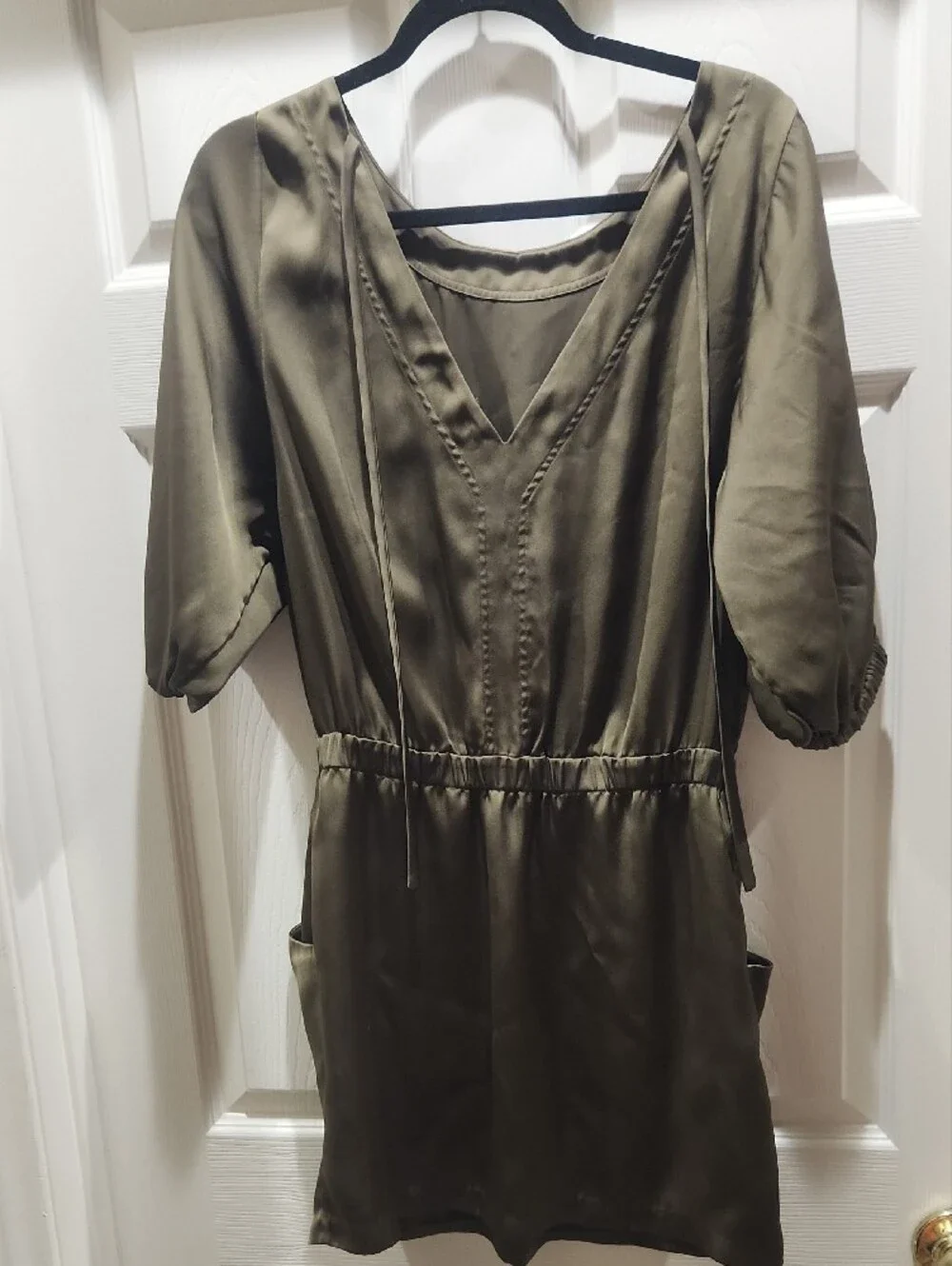 Michael Kors Olive Satin Short Dress with Puff Sleeves
